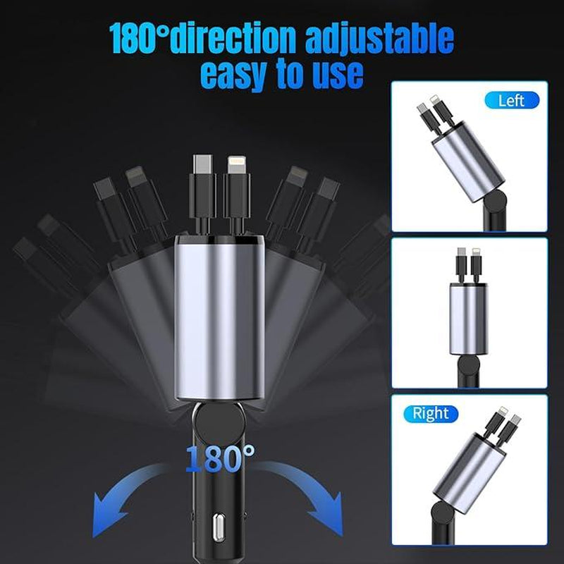4 in 1 Retractable Car Charger, USB C Fast Charging Adapter with Lightning Cable Compatible with Iphone 16/15/14/13 Pro Max Plus, Samsung S23/S22/S10
